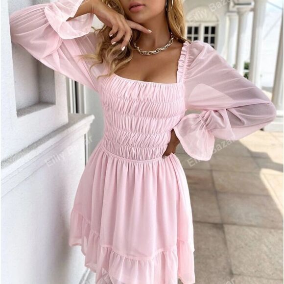 Eilly Bazar Baby Pink Shirred Flounce Sleeve Ruffle Hem Chiffon Dress - Picture 6 of 10